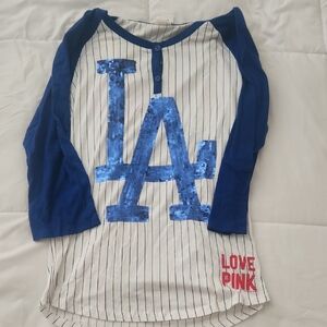 PINK Victoria's Secret Blue and White Kids Long Sleeve Tee